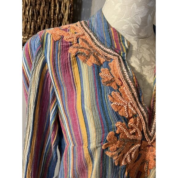 Soft Surroundings Top XS Striped Embroidered Beaded Cotton Tunic Long Sleeve - Picture 6 of 9